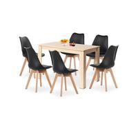 HJ_WeDoo Ensemble de salle à manger Table de salle à manger moderne aspect chêne avec 6 chaises noires en hêtre massif inclus, pour salle à manger, design industriel