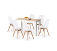 HJ_WeDoo Ensemble de salle à manger Table de salle à manger moderne en finition chêne, pieds blancs avec 6 chaises blanches en hêtre massif inclus, pour la salle à manger