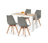 HJ_WeDoo Ensemble de salle à manger Table de salle à manger moderne en finition chêne, pieds blancs avec 4 chaises grises en hêtre massif inclus, pour la salle à manger