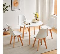 HJ_WeDoo Table à manger ronde blanche avec 4 chaises de salle à manger blanches, ensemble de salle à manger scandinave 80x80x70cm pour cuisine, bureau, salle de réunion