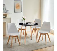 HJ_WeDoo Table à manger ronde noire avec 4 chaises de salle à manger blanches, Ensemble de salle à manger scandinave 80x80x70cm pour cuisine, bureau, salle de réunion