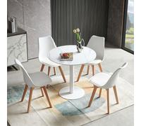 HJ_WeDoo Table de salle à manger ronde couleur marbre avec 4 chaises de salle à manger blanche, scandinave 80x80x73cm pour salle à manger groupe de repas