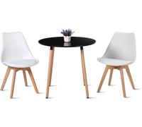 HJ_WeDoo Table de salle à manger ronde noire avec 2 chaises de salle à manger blanches, Ensemble de salle à manger scandinave 80x80x70cm pour cuisine, bureau, salle de conférence