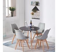 HJ_WeDoo Table de salle à manger ronde noire avec 4 chaises de salle à manger grises, table de salle à manger scandinave 80x80x70cm pour salle à manger groupe de repas