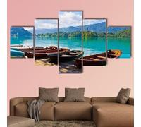 HJDGLP Impression sur toile 5 Parties peinture sur toile tableau decoration murale salon,tableau xxl,cadre,decoration chambre maison,Bateaux au lac de Bled,100x55cm