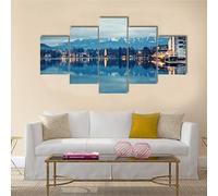 HJDGLP Tableau Multi Panneau 5 parties Tableau sur Toile,tableau mural decoration salon moderne xxl,cadre,accroche cadre sans percer,Lac de Bled au crépuscule,Créatif Cadeau,125x60cm