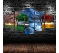 HJDGLP Tableau Multi Panneau 5 parties Tableau sur Toile,tableau mural decoration salon moderne xxl,cadre,accroche cadre sans percer,Arbre Quatre saisons Météo Nature colorée,Créatif Cadeau,125x60cm