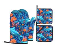 HJFCZH Beautiful Underwater World Prints Ensemble de 4 maniques et maniques isolés, épais et durables pour la cuisine, le micro-ondes, le four, le barbecue en plein air