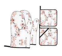 HJFCZH Ensemble de jetés de cuisine avec impression de fleurs de cerisier corail clair : couches résistantes au four avec polyester imperméable - Système de protection thermique 4 pièces