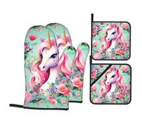 HJFCZH Ensemble de jetés de cuisine imprimés licorne rose : couches de four durables avec polyester imperméable - Système de protection thermique 4 pièces