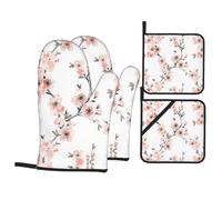 HJFCZH Ensemble de pâtisserie de cuisine avec motif fleurs de cerisier corail clair - Gants de cuisine résistants à la chaleur et maniques avec couche imperméable pour griller, rôtir et manipuler les
