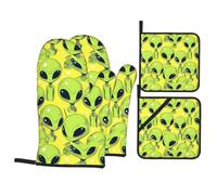 HJFCZH Green Alien Prints Ensemble de jetés de cuisine : couches résistantes au four avec polyester imperméable - Système de protection thermique 4 pièces