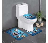 HJFCZH Lot de 3 tapis de salle de bain imprimés de requins de dessin animé - Tapis de sol antidérapant pour toilettes, coiffeuse et couvercle de couvercle, facile à nettoyer