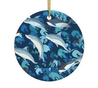 HJFCZH Pendentif rond en céramique à suspendre en forme de sapin de Noël avec motif de conte de dauphins - 7,4 cm - Équipé d'un cordon métallique doré durable