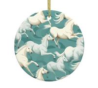 HJFCZH Pendentif rond en céramique Motif chevaux blancs Arbre de Noël 7,4 cm Décorations de vacances