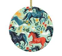 HJFCZH Pendentif rond en céramique motif chevaux sauvages imprimé arbre de Noël - 7,4 cm décorations de vacances