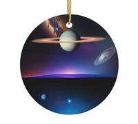 HJFCZH Pendentif rond en céramique représentant une image cosmique de Saturne - 7,4 cm - Ajoutez une atmosphère festive aux fêtes de fin d'année