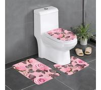 HJFCZH Pretty Pink Roses Lot de 3 tapis de salle de bain antidérapants pour toilettes, meuble-lavabo et couvercle, facile à nettoyer, antidérapant