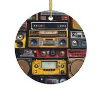 HJFCZH Vintage Wall of Radio Boombox Picture Christmas Tree Ceramic Hanging Round Pendant - 7,4 cm Exquis White Porcelain Easy Suspension