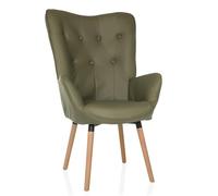 hjh LIVING Fauteuil à Oreilles Aspect Velours HAVENIO I Fauteuil pour Salon Chambre à Coucher, Chaise rembourrée avec Pieds en Bois, Tissu Vert Olive
