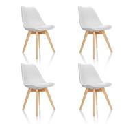 hjh OFFICE 661009 Ensemble de 4 chaises de Salle à Manger Scandi Plastique Blanc Pieds en hêtre Massif, Chaise rembourrée Design rétro