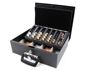 hjh OFFICE Caisse à Monnaie et Billets verrouillable en Acier pour Transporter 35,5 x 27,5 x 10,5 cm Safe I Grande Espace, avec monnayeur et 2 clés, Noir