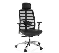 hjh OFFICE Chaise de Bureau Ergonomique SPINIO Elite L Fauteuil de Direction Cuir, Appui-tête et Soutien Lombaire réglables, Chaise pivotante avec Dossier en Maille, Noir