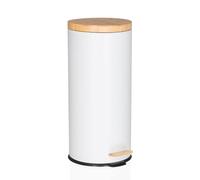 hjh OFFICE Poubelle 30 litres, Poubelle à pédale avec couvercle en bambou, Softclose CLEAN BAMBOO Poubelle métallique avec seau intérieur, Blanc mat