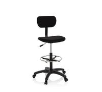 hjh OFFICE Tabouret de Travail Top Work 05 - Siège Technique en Tissu Noir, Dossier Flexible, Anneau Repose-Pieds Chromé, roulettes pour Sols Souples