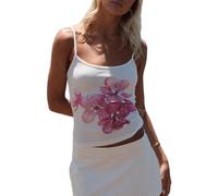 HJHB1WL Y2k - Débardeur de sortie pour femme, imprimé floral artistique, caraco court à bretelles spaghetti, sans manches, dos nu (fleur blanche, S), Fleur blanche, S