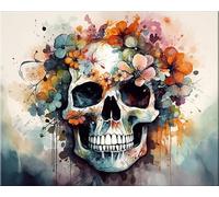 Hjjdiyes Peinture par numéros pour adultes Fleur Tête de mort - Kit de peinture par numéros pour débutant - Toile infroissable, pinceaux et peinture acrylique - Kit de bricolage peint à la main à