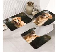HJKBCV Lot de 3 tapis de bain antidérapants et lavables avec housse pour abattant de WC, motif chien Golden Retriever
