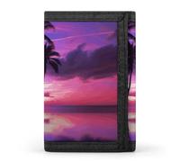 HJKBCV Portefeuille à trois volets pour cartes de crédit avec fenêtre pour carte d'identité - Motif palmier violet coucher de soleil - Pour homme et femme - Taille unique, Style :, Taille unique