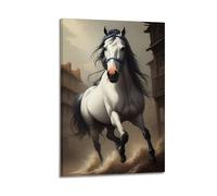 hjkhjt Poster animal cheval blanc courant dans la vieille rue - Art mural esthétique sur toile pour salon, chambre à coucher, 60 x 90 cm - Style cadre