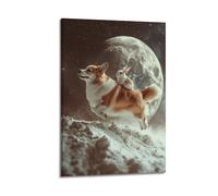 hjkhjt Poster animal Corgi Lapin Lune Espace Art mural sur toile esthétique pour salon, chambre à coucher, 50 x 75 cm, style cadre
