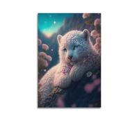 hjkhjt Poster animal imprimé léopard blanc aux yeux bleus parmi des fleurs - Art mural esthétique sur toile pour salon, chambre à coucher, 60 x 90 cm - Style sans cadre