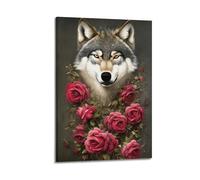 hjkhjt Poster animal loup avec roses rouges autour - Art mural esthétique sur toile pour salon, chambre à coucher - 30 x 45 cm - Style cadre