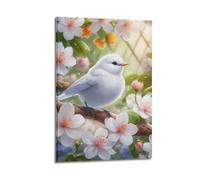 hjkhjt Poster animal oiseau blanc parmi les cerisiers en fleurs - Art mural esthétique sur toile pour salon, chambre à coucher - 60 x 90 cm - Style cadre