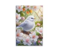 hjkhjt Poster animal oiseau blanc parmi les cerisiers en fleurs - Art mural esthétique sur toile pour salon, chambre à coucher - 20 x 30 cm - Style sans cadre
