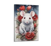 hjkhjt Poster animal rat blanc parmi roses rouges - Art mural esthétique sur toile pour salon, chambre à coucher - 20 x 30 cm - Style cadre
