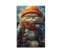 hjkhjt Poster animal Steampunk explorateur chat avec engrenage - Art mural esthétique sur toile pour salon, chambre à coucher - 60 x 90 cm - Style sans cadre