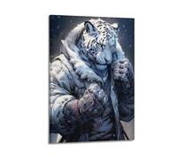 hjkhjt Poster animal tigre blanc en manteau d'hiver gants art mural esthétique sur toile pour salon, chambre à coucher, 20 x 30 cm, style cadre