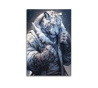 hjkhjt Poster animal tigre blanc en manteau d'hiver, gants, poster d'art mural esthétique sur toile pour salon, chambre à coucher, 50 x 75 cm, style sans cadre