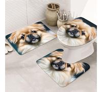HJKJKKJ Lot de 3 tapis de bain ultra absorbants pour salle de bain, tapis de bain motif chien pékinois, tapis de bain antidérapant, lavable, housse d'abattant de toilette et tapis contour en U pour