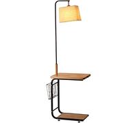 HJLJKG Lampadaire sur pied en bois massif avec 2 étagères, 1 sortie et 1 panier de rangement, lampe de rangement pour chambre à coucher, décoration minimaliste