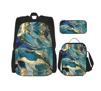 HJLUUFT Azurite Ensemble sac à dos 3 pièces avec sac à déjeuner et trousse à crayons Motif marbre à l'huile Bleu sarcelle et doré