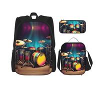 HJLUUFT Cool Drums Ensemble de 3 sacs à dos, grand sac d'école avec boîte à déjeuner et trousse à crayons, ensemble sac à dos, élégant et pratique