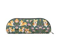HJLUUFT Corgi - Trousse à crayons en cuir semi-ronde avec motif floral - Trousse élégante pour le bureau, les voyages et le rangement quotidien