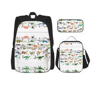 HJLUUFT Élégant ensemble de 3 sacs à dos d'apprentissage de l'alphabet avec imprimé dinosaures - Sac d'école spacieux avec sac à déjeuner et trousse - Élégant et pratique