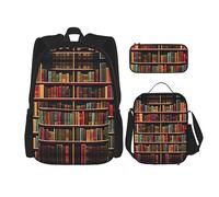 HJLUUFT Ensemble de 3 sacs à dos avec sac à déjeuner et trousse à crayons Motif bibliothèque